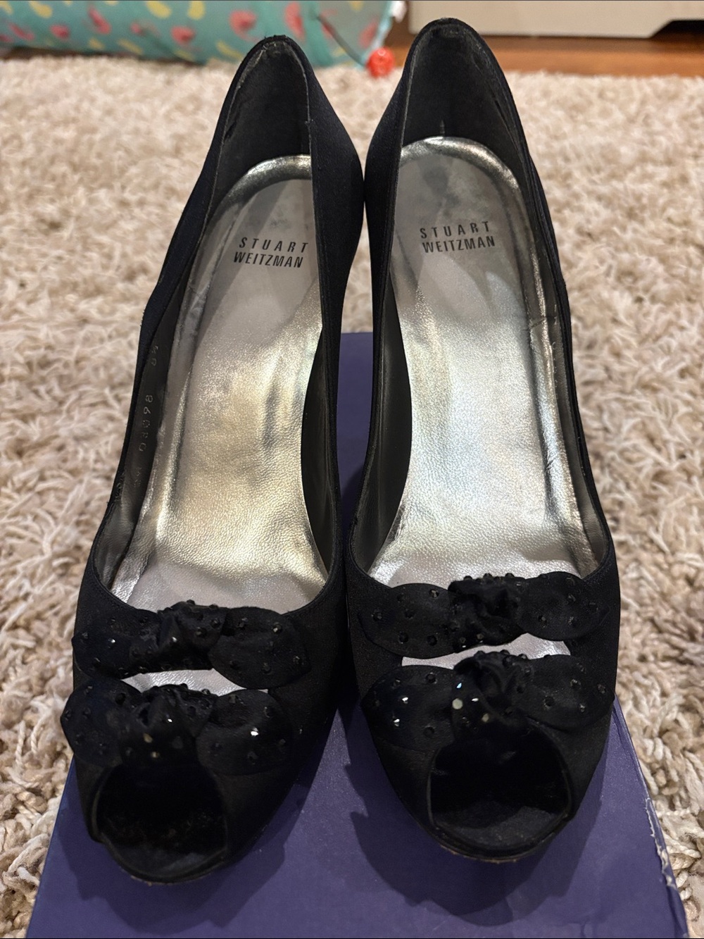 Stuart Weitzman Black Peep Toe Bow Embellished Heels